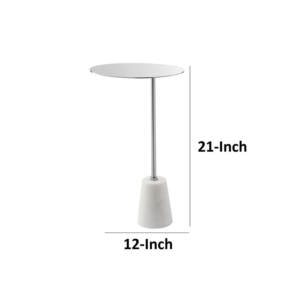 Benjara Frank 12 Inch Drink Side End Table, Chrome Top, White Marble Solid Base