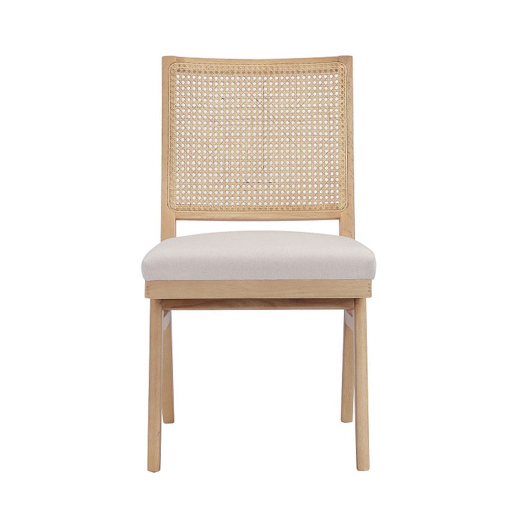 Benjara Isha Cane Side Dining Chair Set of 2, Cushioned Seat, White And Brown