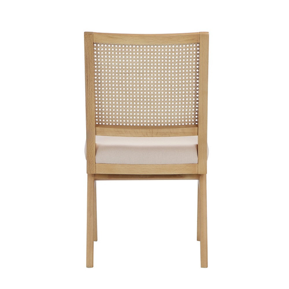 Benjara Isha Cane Side Dining Chair Set of 2, Cushioned Seat, White And Brown