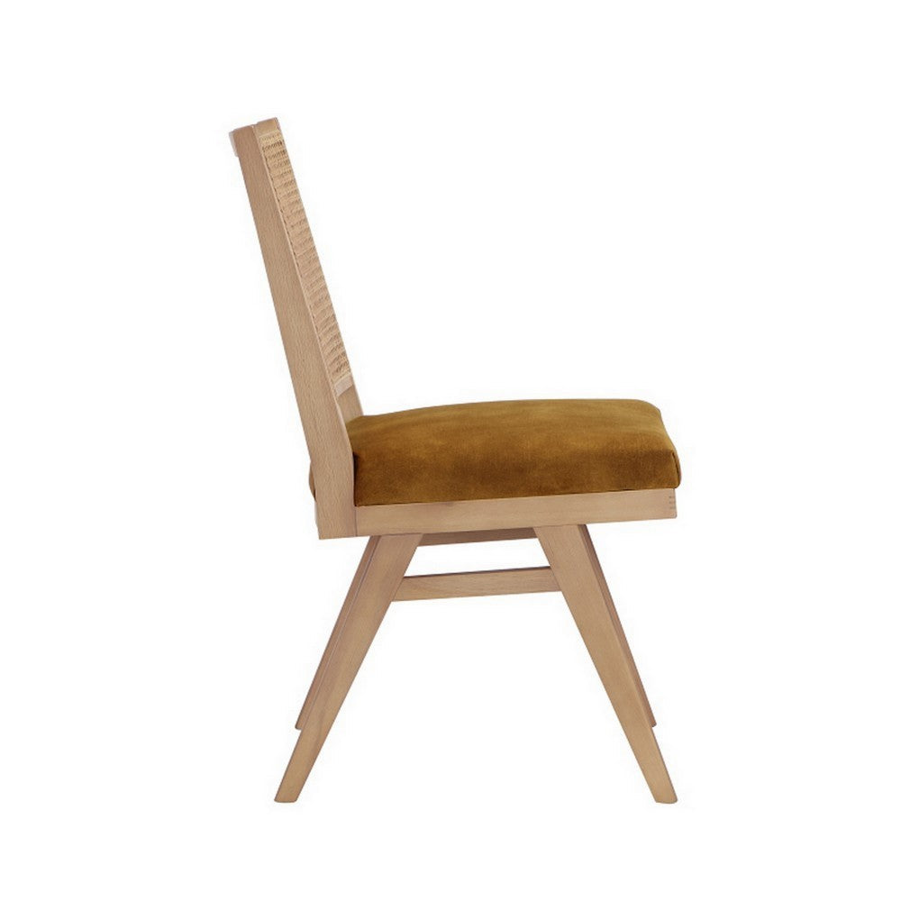 Benjara Isha Cane Side Dining Chair Set of 2, Cushioned Seat, Gold And Brown