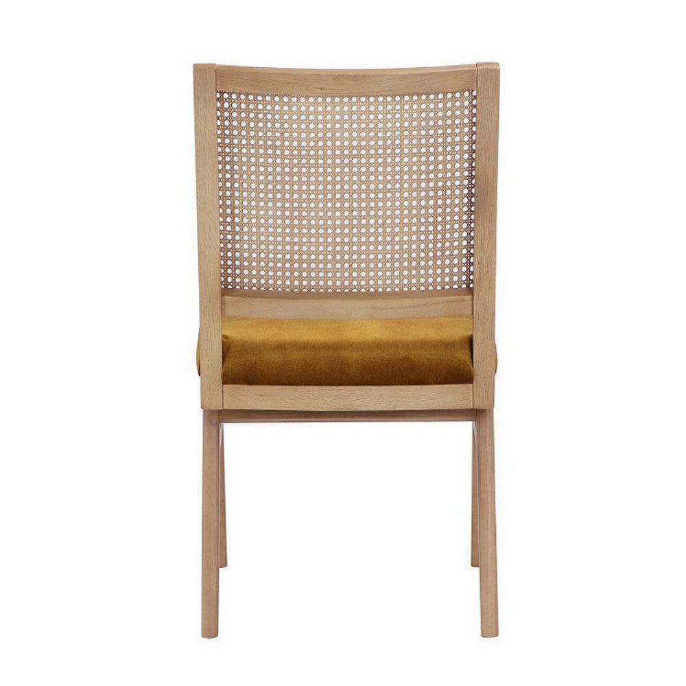 Benjara Isha Cane Side Dining Chair Set of 2, Cushioned Seat, Gold And Brown