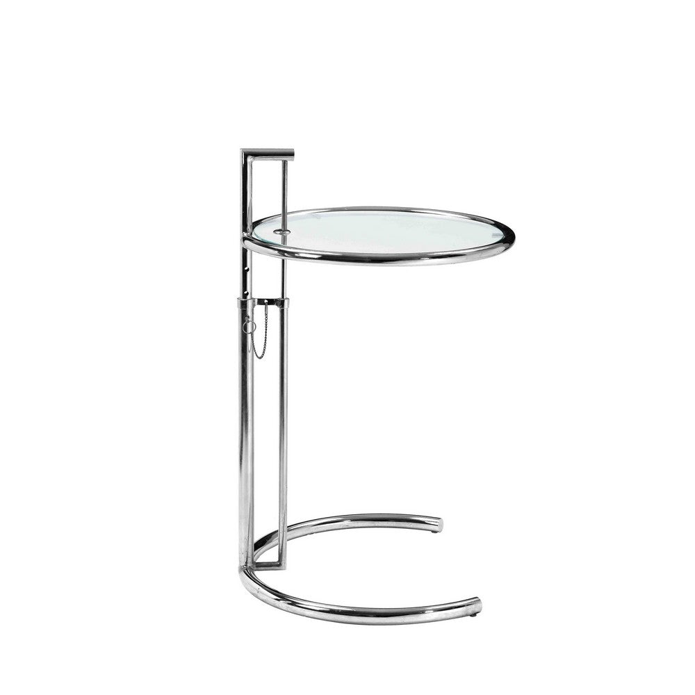 Benjara Deko Side Table, 28-39 Inch Adjustable Height, Round Glass Top, Chrome