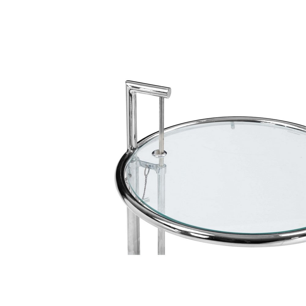 Benjara Deko Side Table, 28-39 Inch Adjustable Height, Round Glass Top, Chrome