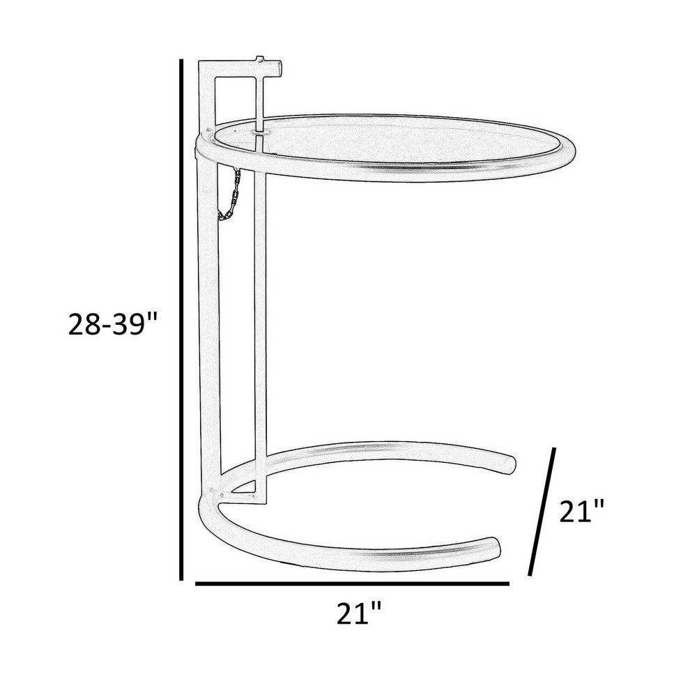Benjara Deko Side Table, 28-39 Inch Adjustable Height, Round Glass Top, Chrome