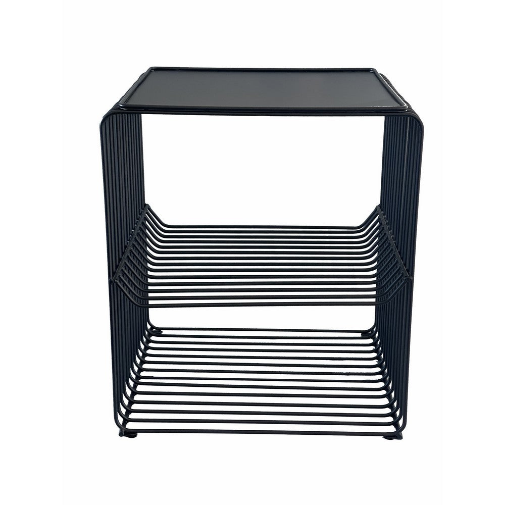 Benjara 20 Inch Tall Side End Table, 2 Shelves, Square Top, Black Metal Wire Frame