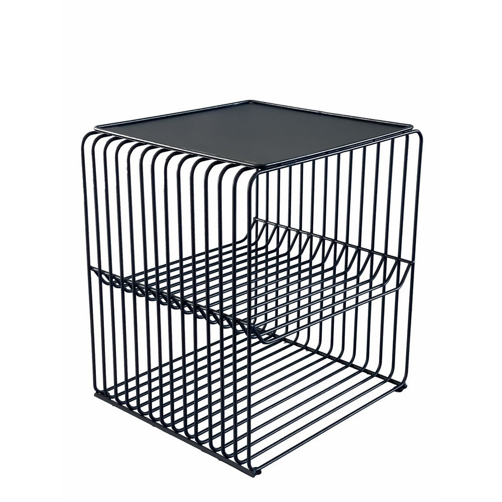 Benjara 20 Inch Tall Side End Table, 2 Shelves, Square Top, Black Metal Wire Frame