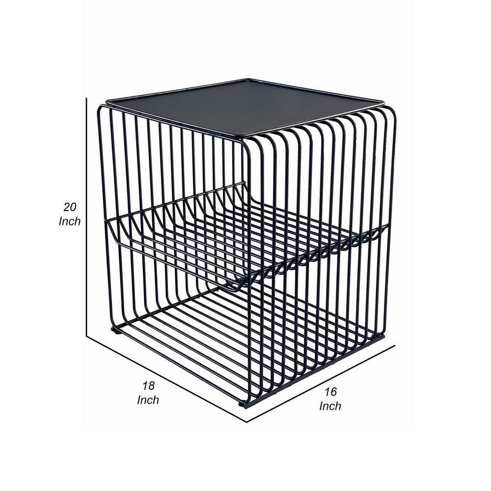 Benjara 20 Inch Tall Side End Table, 2 Shelves, Square Top, Black Metal Wire Frame