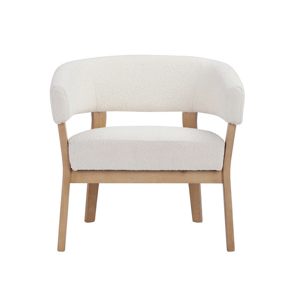Benjara 29 Inch Lounge Chair, Boucle Seat, Curved Wishbone Back, White, Brown
