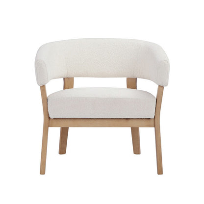 Benjara 29 Inch Lounge Chair, Boucle Seat, Curved Wishbone Back, White, Brown