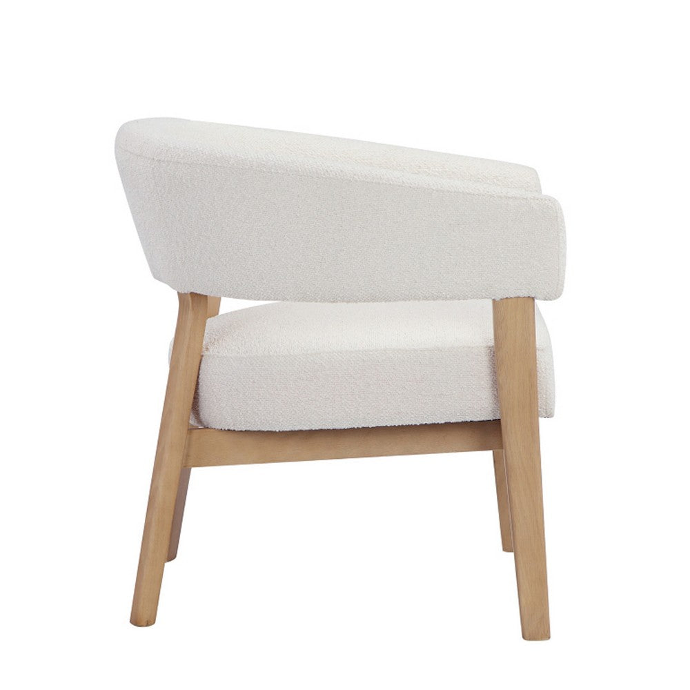 Benjara 29 Inch Lounge Chair, Boucle Seat, Curved Wishbone Back, White, Brown