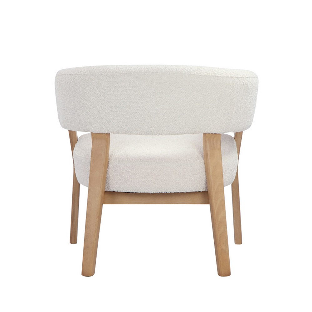 Benjara 29 Inch Lounge Chair, Boucle Seat, Curved Wishbone Back, White, Brown