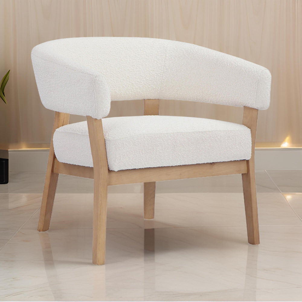 Benjara 29 Inch Lounge Chair, Boucle Seat, Curved Wishbone Back, White, Brown
