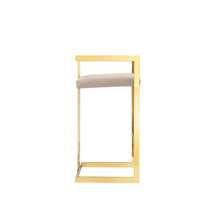 Benjara Suki 30 Inch Barstool Chair, Beige Faux Leather Seat, Stainless Steel, Gold