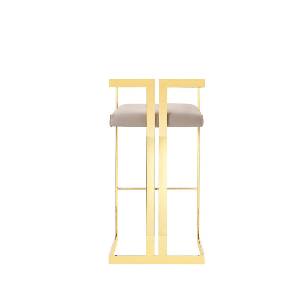 Benjara Suki 30 Inch Barstool Chair, Beige Faux Leather Seat, Stainless Steel, Gold