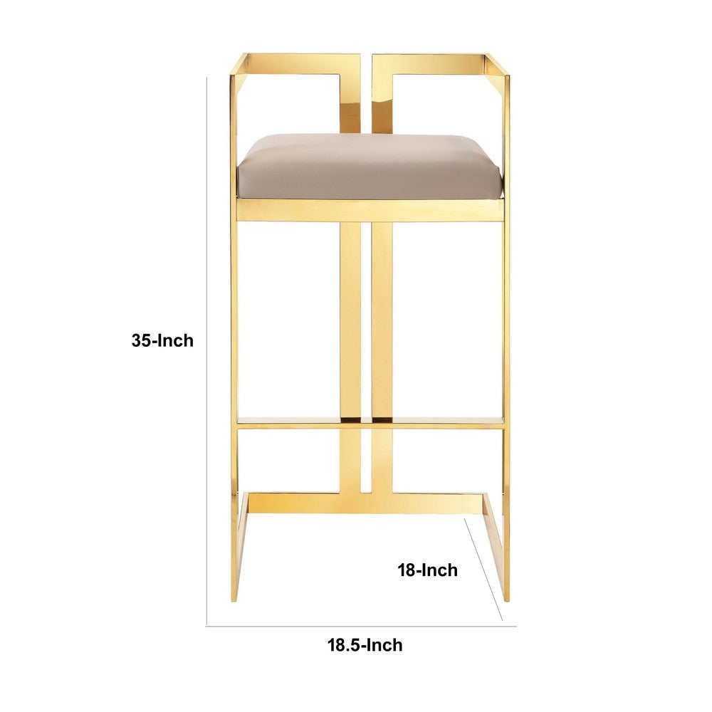 Benjara Suki 30 Inch Barstool Chair, Beige Faux Leather Seat, Stainless Steel, Gold