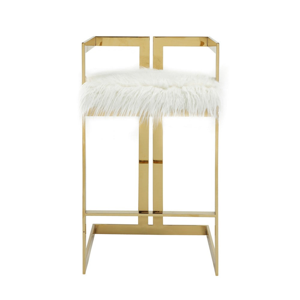 Benjara Suki 30 Inch Barstool Chair, White Faux Fur Seat, Stainless Steel, Gold
