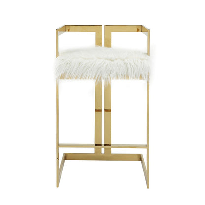 Benjara Suki 30 Inch Barstool Chair, White Faux Fur Seat, Stainless Steel, Gold