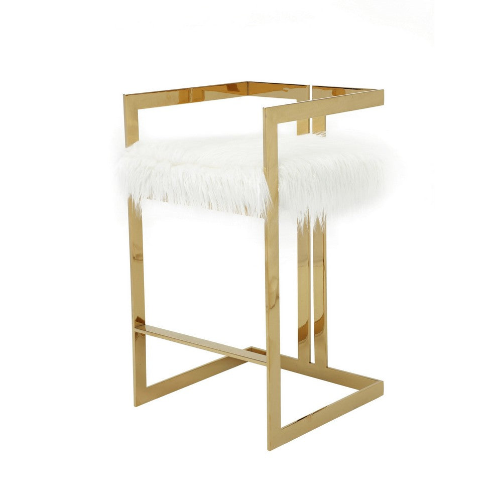 Benjara Suki 30 Inch Barstool Chair, White Faux Fur Seat, Stainless Steel, Gold
