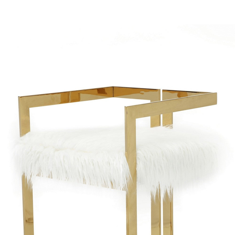 Benjara Suki 30 Inch Barstool Chair, White Faux Fur Seat, Stainless Steel, Gold