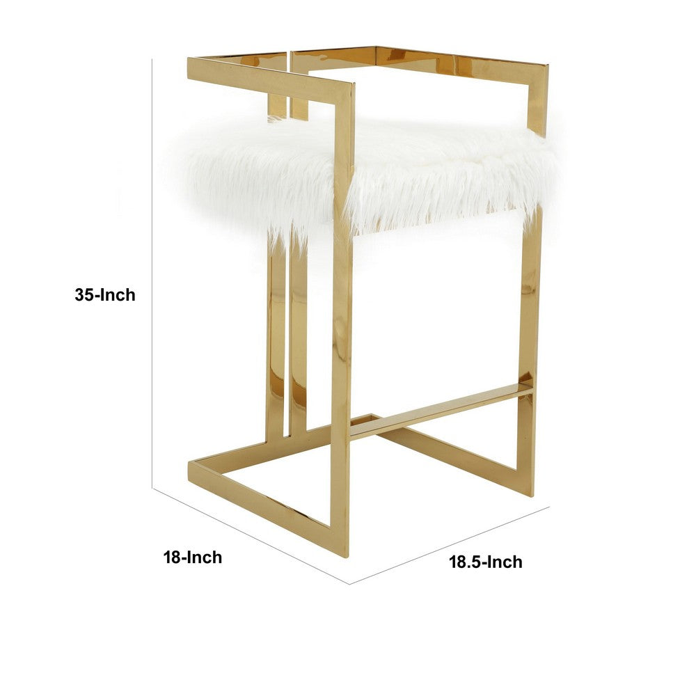 Benjara Suki 30 Inch Barstool Chair, White Faux Fur Seat, Stainless Steel, Gold