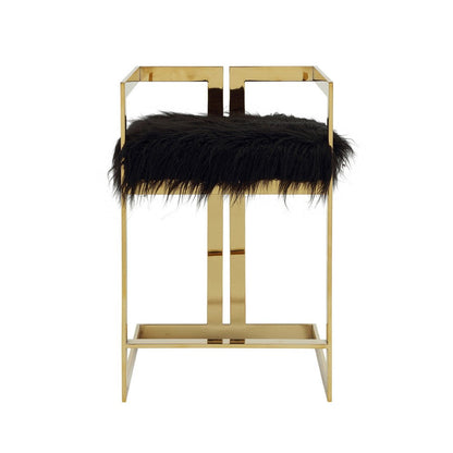 Benjara Suki 26 Inch Barstool Chair, Black Faux Fur Seat, Stainless Steel, Gold