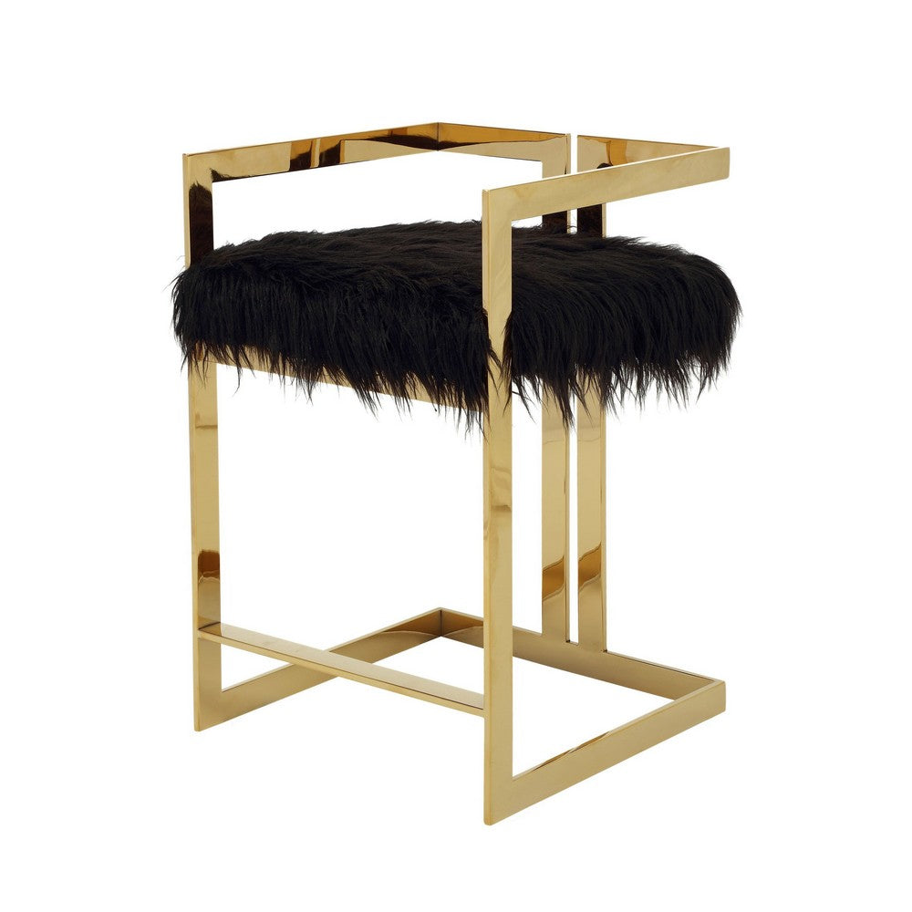 Benjara Suki 26 Inch Barstool Chair, Black Faux Fur Seat, Stainless Steel, Gold