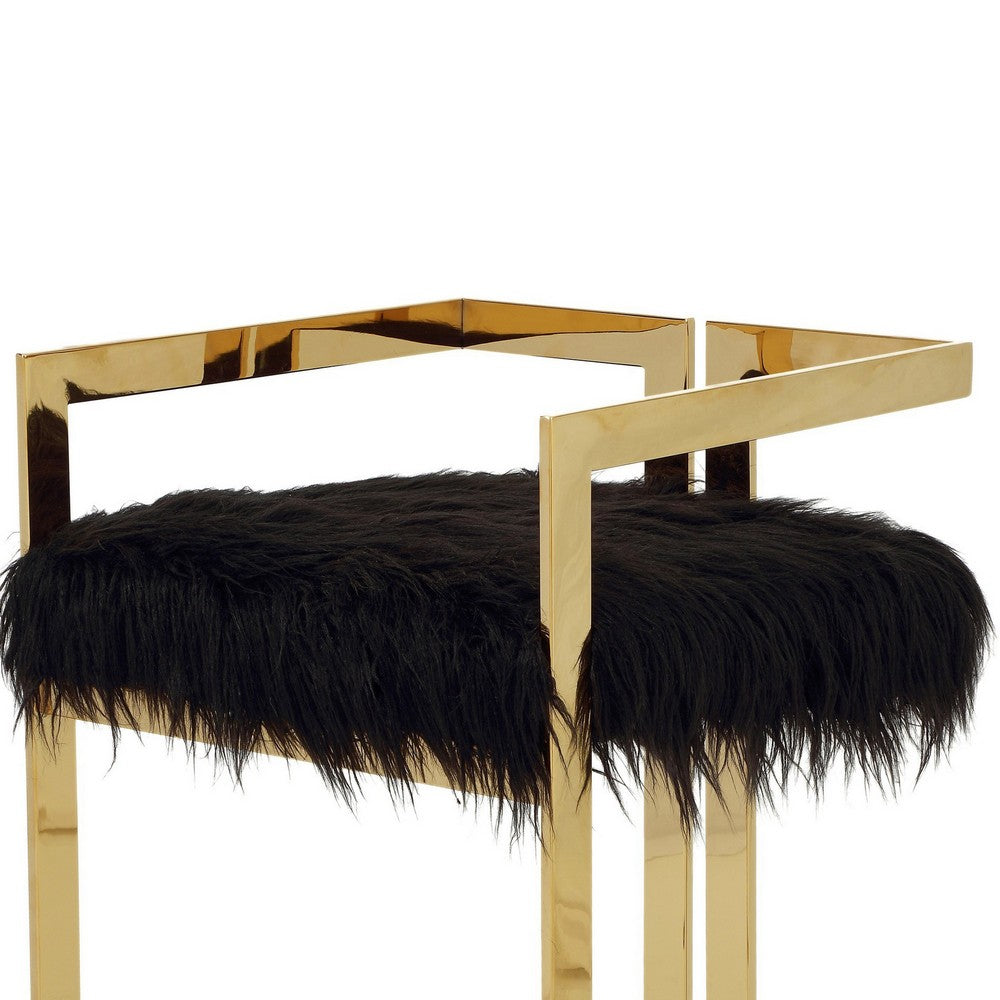 Benjara Suki 26 Inch Barstool Chair, Black Faux Fur Seat, Stainless Steel, Gold