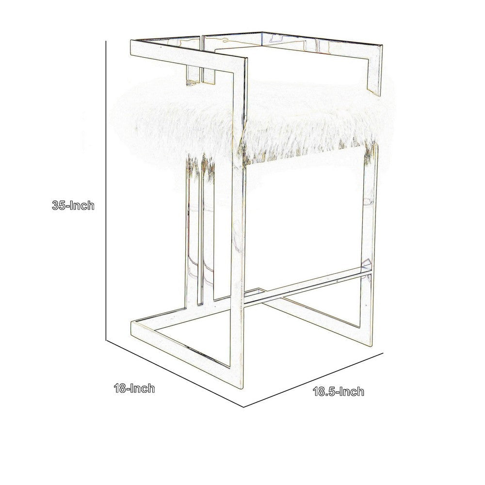 Benjara Suki 26 Inch Barstool Chair, Black Faux Fur Seat, Stainless Steel, Gold