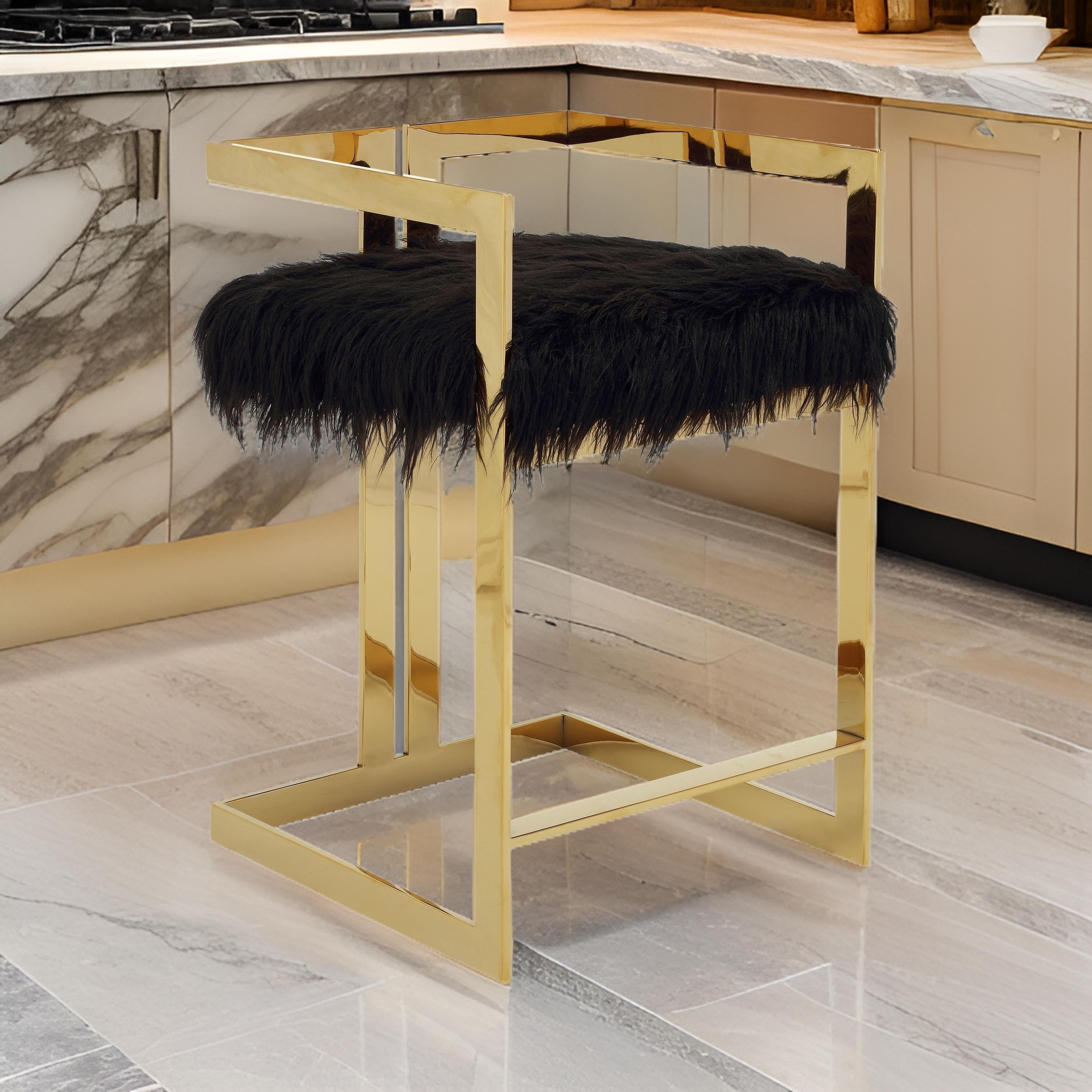 Benjara Suki 26 Inch Barstool Chair, Black Faux Fur Seat, Stainless Steel, Gold
