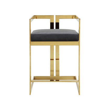 Benjara Suki 26 Inch Barstool Chair, Gray Velvet Seat, Stainless Steel, Gold Finish
