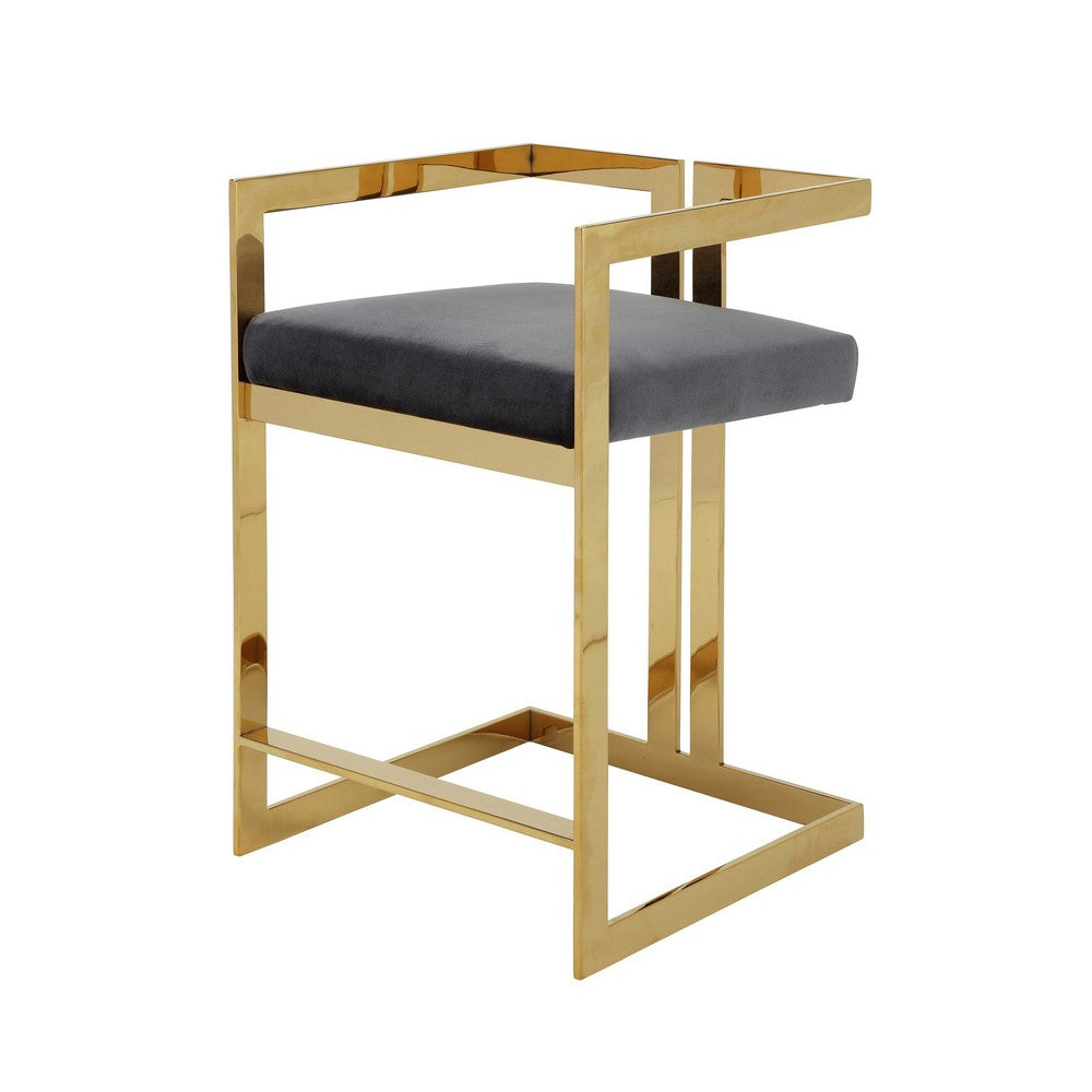 Benjara Suki 26 Inch Barstool Chair, Gray Velvet Seat, Stainless Steel, Gold Finish