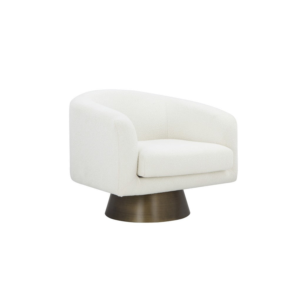 Benjara Tola 33 Inch Lounge Chair, Round Frame, White Boucle Fabric, Brass Base