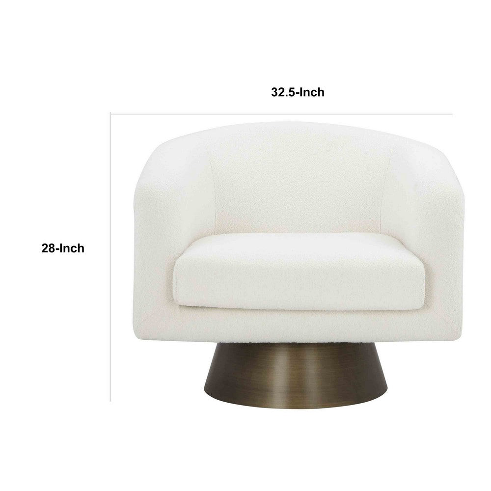 Benjara Tola 33 Inch Lounge Chair, Round Frame, White Boucle Fabric, Brass Base