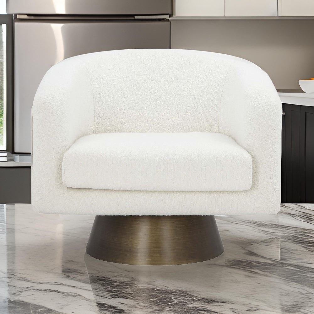 Benjara Tola 33 Inch Lounge Chair, Round Frame, White Boucle Fabric, Brass Base