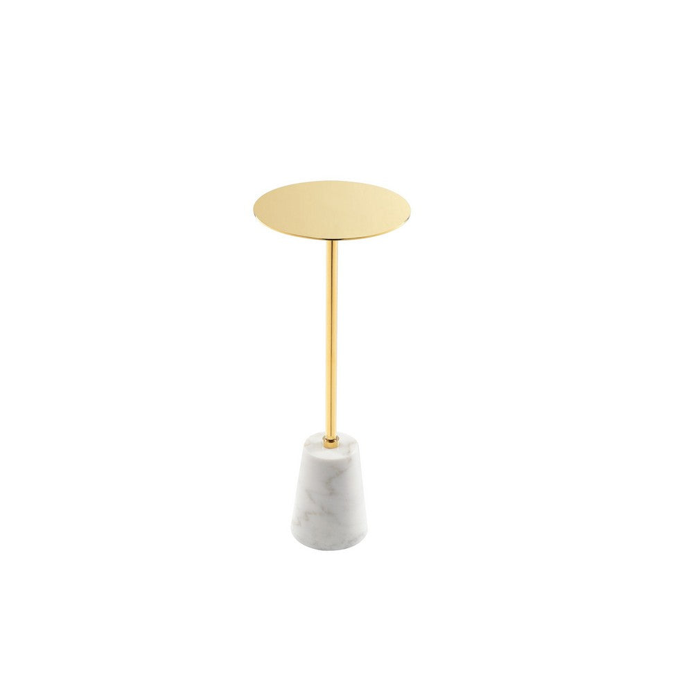 Benjara Sen 8 Inch Side End Drink Table, Round, White Genuine Marble, Gold Finish