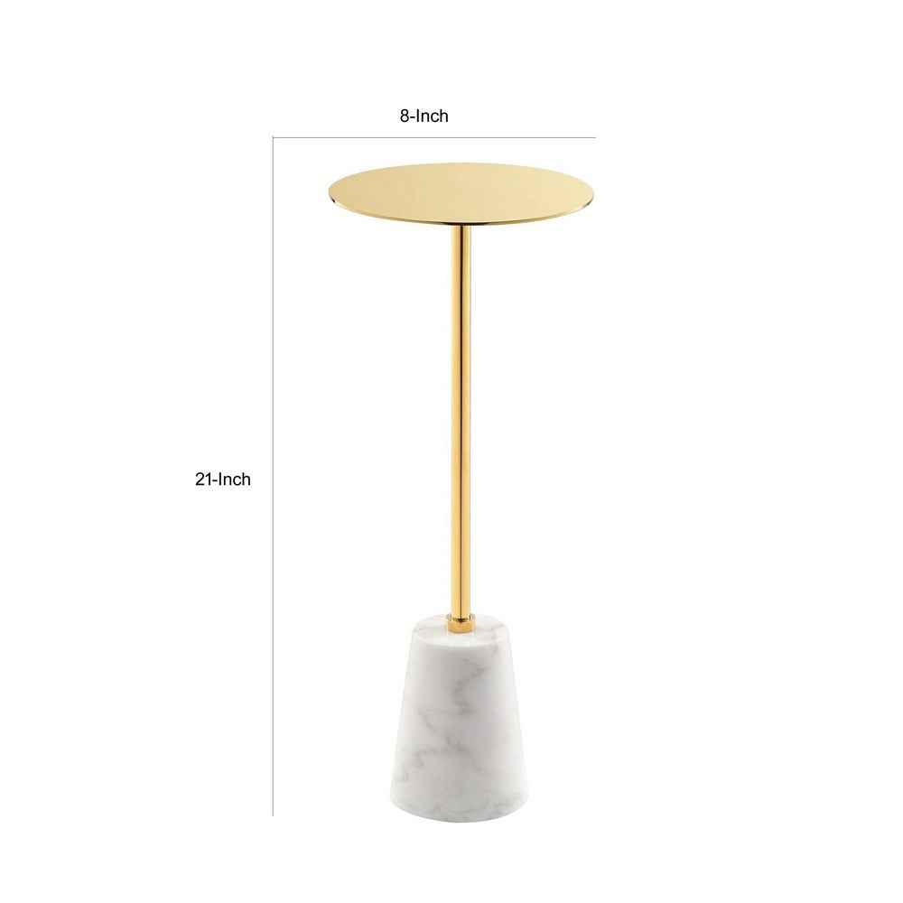 Benjara Sen 8 Inch Side End Drink Table, Round, White Genuine Marble, Gold Finish