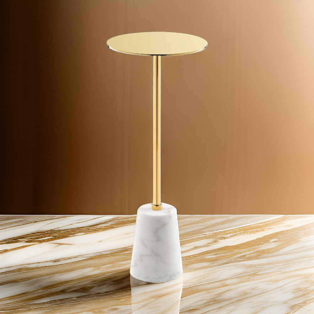 Benjara Sen 8 Inch Side End Drink Table, Round, White Genuine Marble, Gold Finish