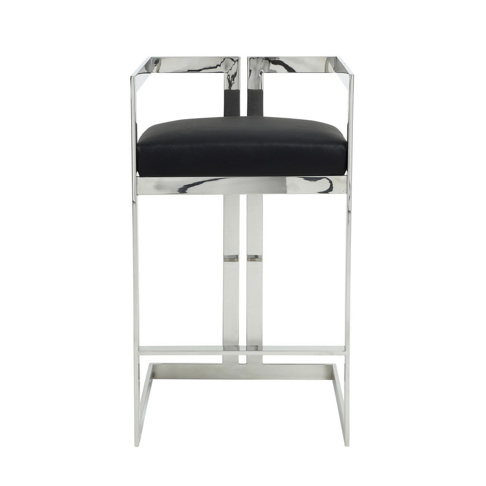 Benjara Suki 30 Inch Barstool Chair, Black Faux Leather, Silver Stainless Steel