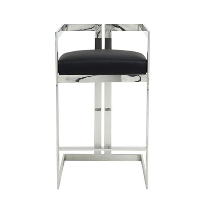 Benjara Suki 30 Inch Barstool Chair, Black Faux Leather, Silver Stainless Steel
