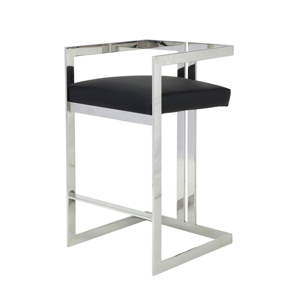 Benjara Suki 30 Inch Barstool Chair, Black Faux Leather, Silver Stainless Steel