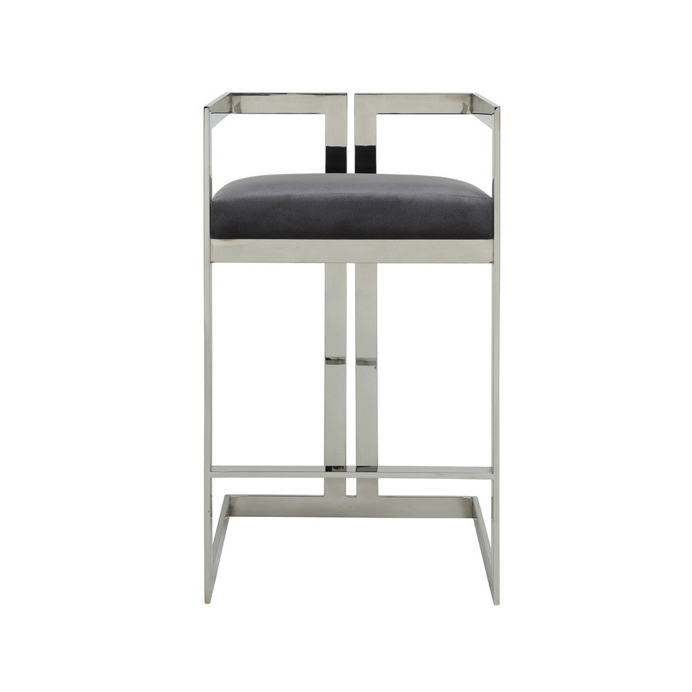 Benjara Suki 30 Inch Barstool Chair, Gray Velvet Seat, Silver Stainless Steel