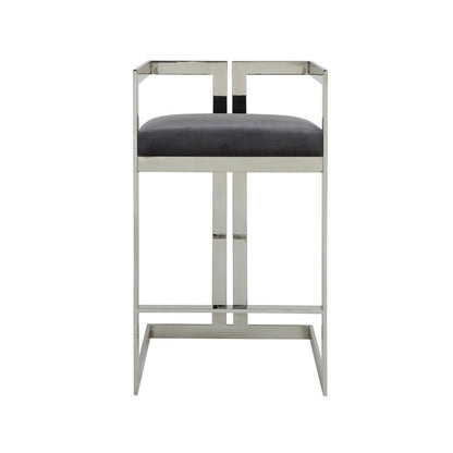 Benjara Suki 30 Inch Barstool Chair, Gray Velvet Seat, Silver Stainless Steel