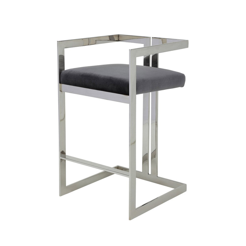 Benjara Suki 30 Inch Barstool Chair, Gray Velvet Seat, Silver Stainless Steel