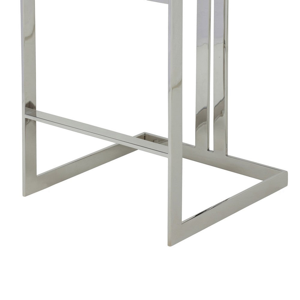 Benjara Suki 30 Inch Barstool Chair, Gray Velvet Seat, Silver Stainless Steel