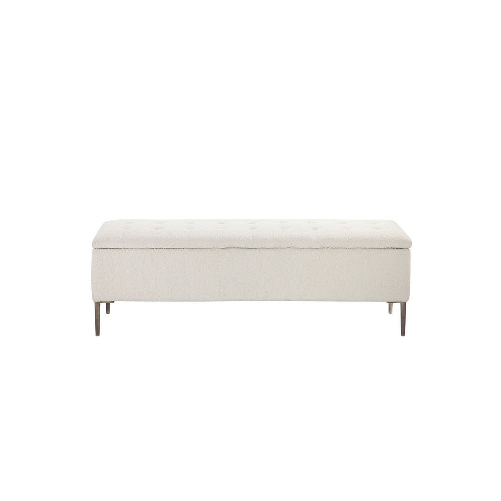 Benjara Kia 57 Inch Storage Bench, White Tufted Boucle Fabric, Brown Wood Frame