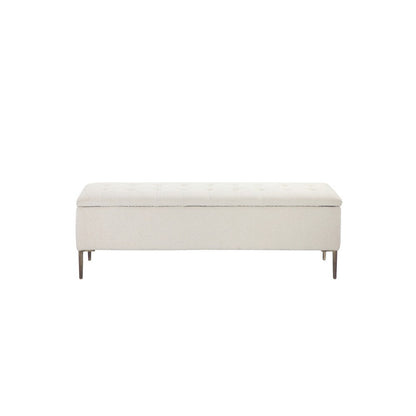 Benjara Kia 57 Inch Storage Bench, White Tufted Boucle Fabric, Brown Wood Frame