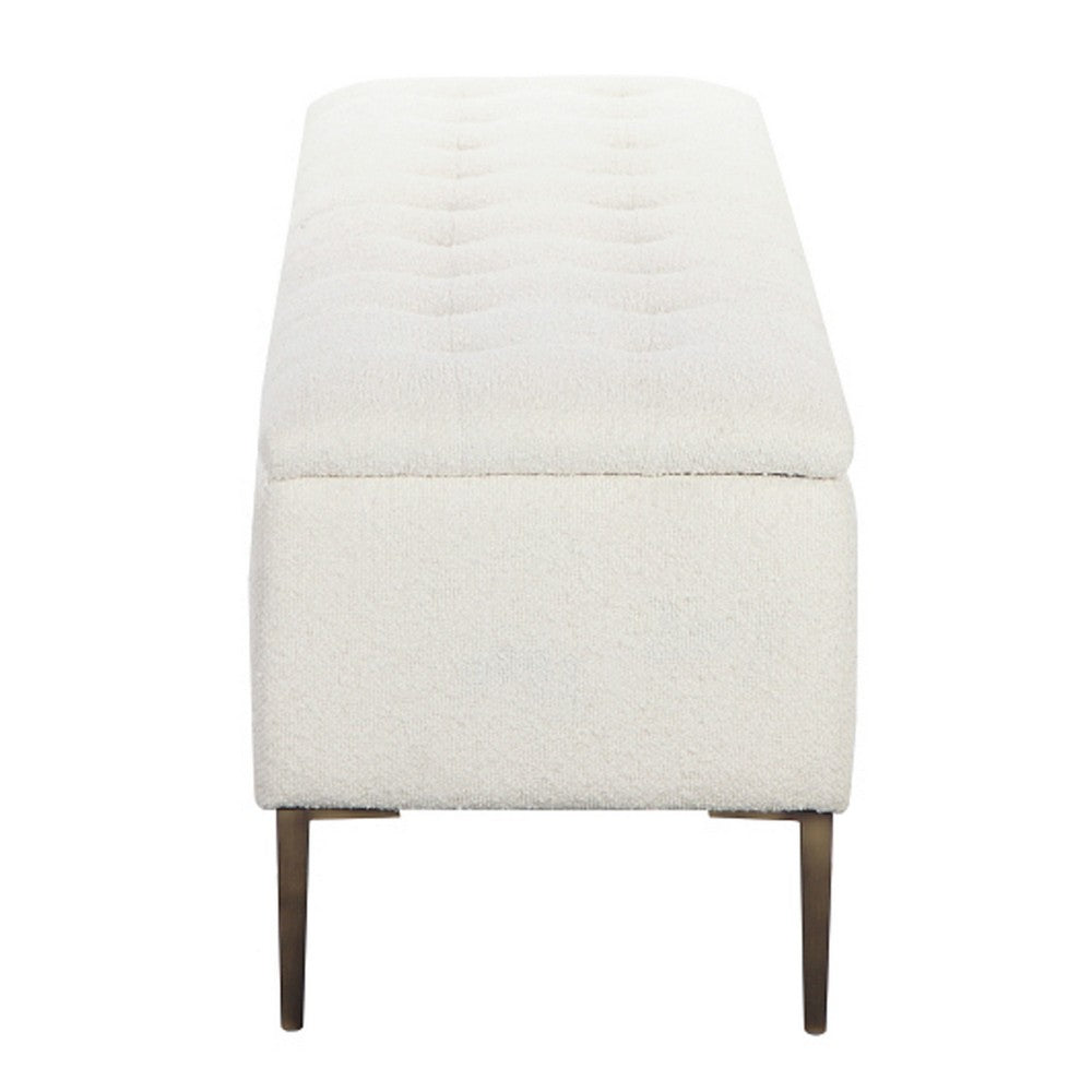 Benjara Kia 57 Inch Storage Bench, White Tufted Boucle Fabric, Brown Wood Frame