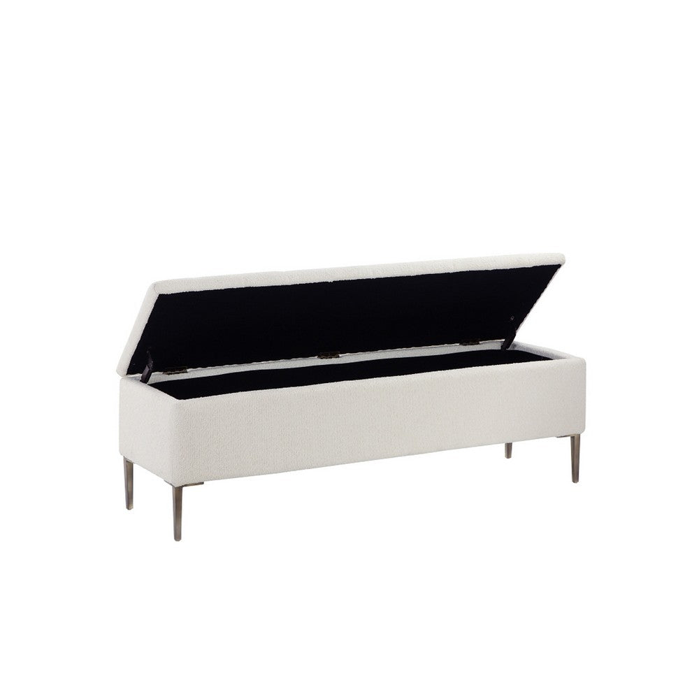 Benjara Kia 57 Inch Storage Bench, White Tufted Boucle Fabric, Brown Wood Frame