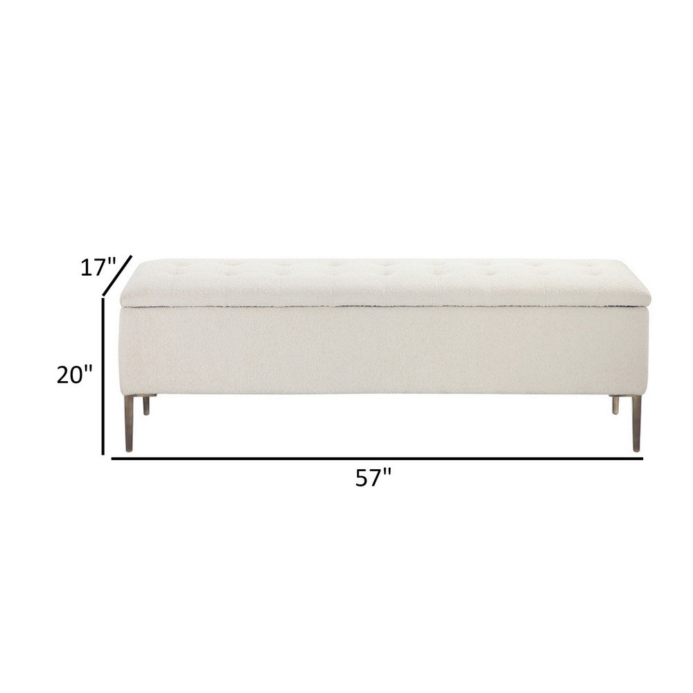 Benjara Kia 57 Inch Storage Bench, White Tufted Boucle Fabric, Brown Wood Frame
