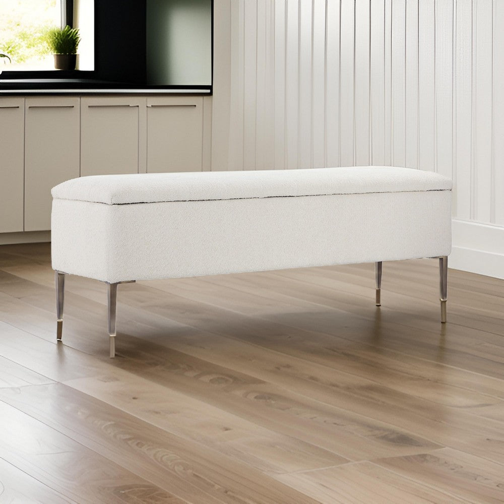 Benjara Kia 57 Inch Storage Bench, White Tufted Boucle Fabric, Brown Wood Frame